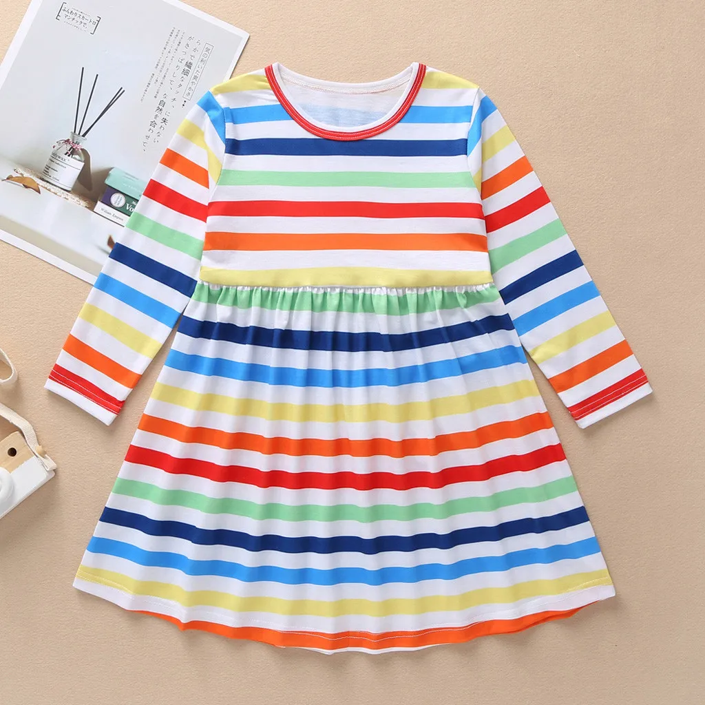 2019 autumn and winter modelsBaby Kids Girls Long Sleeve Color Stripe Princess One-Piece Dress AutumnFalling transport | Детская одежда