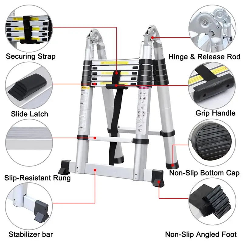 Finether 3,8 м портативная сверхмощная многоцелевая алюминиевая складная телескопическая А-образная лестница с петлями для дома Лофт офиса