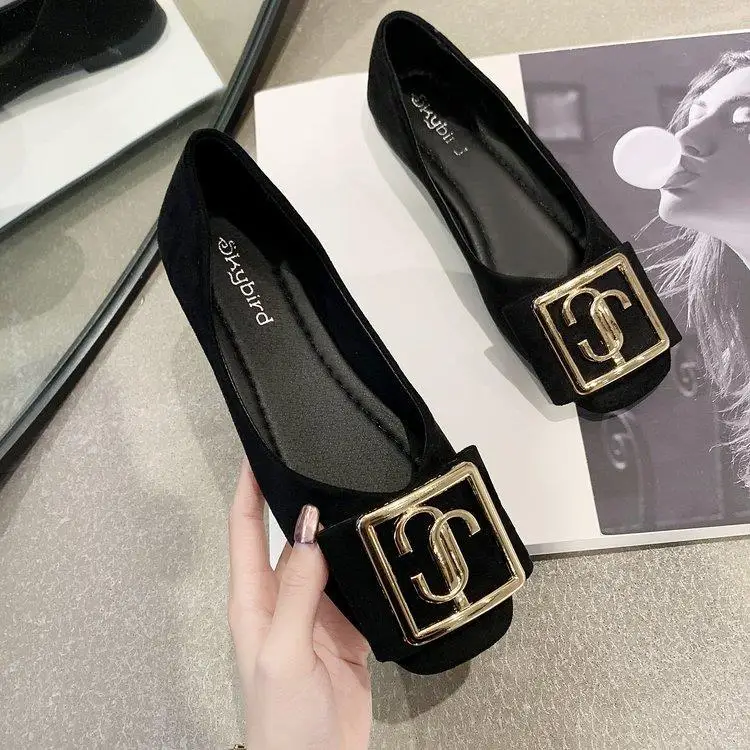 

2020 Spring New Women Flat Shoes Fashion Metal Button Loafers Shoes Square Head Shallow Flats Suede Leather Women's Shoes