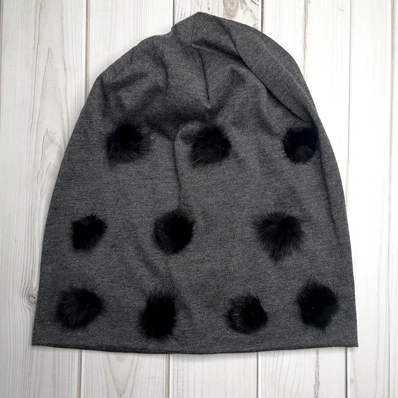 dark grey 1 Женские шапки-бини с натуральным норковым помпоном на весну и осень, тонкая объемная Хлопковая шапочка, женские черные шапки с помпоном Gorros Mujer Invierno - Цвет: dark grey 1