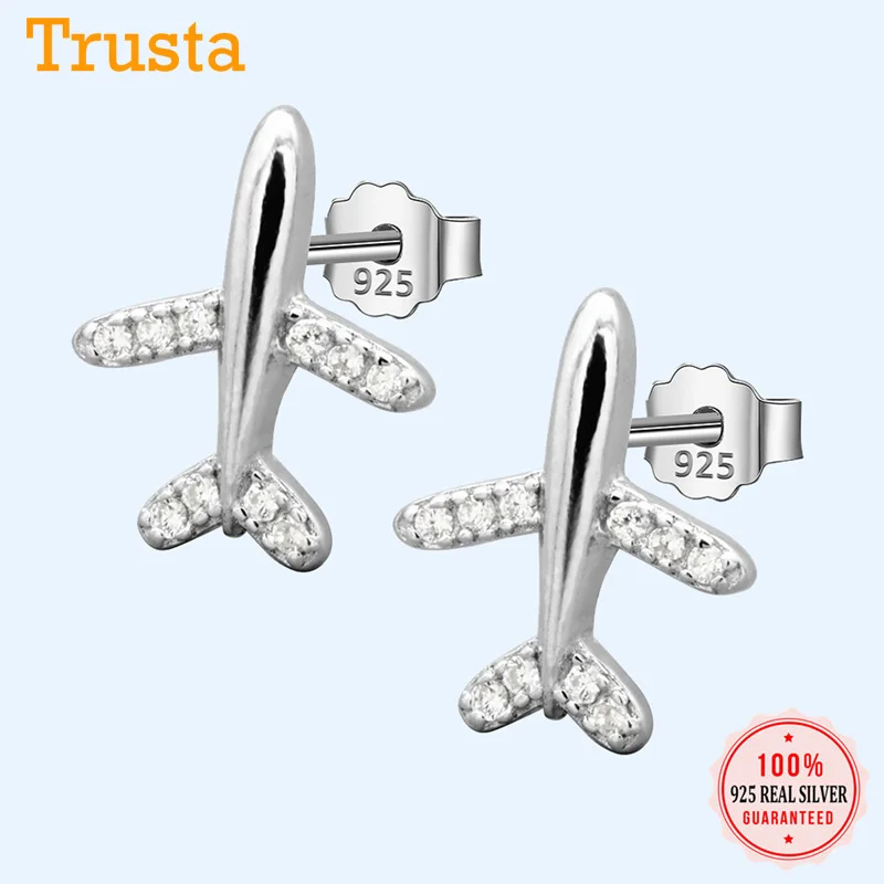 Trustdavies-pendientes de plata de primera ley con forma de avión para mujer, aretes pequeños, plata esterlina 925, Circonia cúbica, zirconia, circonita, zirconita, diseño 100%