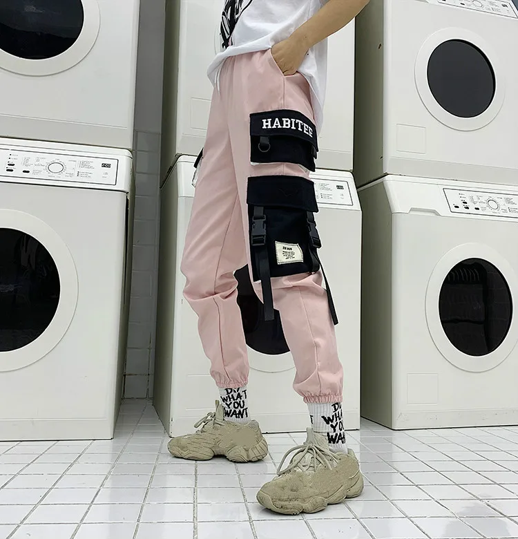 pink Neploe,, Харадзюку, брюки-карго для женщин и мужчин, в стиле хип-хоп, уличная одежда, штаны с буквенными лентами и карманами, Осень-зима, брюки, комбинезоны, 56128 - Цвет: pink