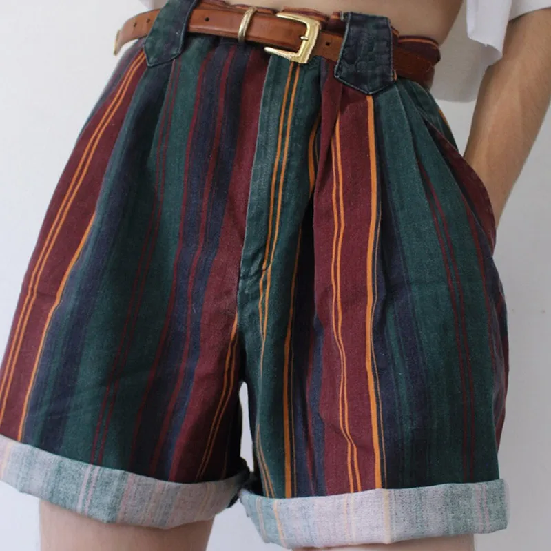 Pantalones cortos holgados de pierna ancha a rayas para mujer, Shorts de cintura alta, 2XL talla grande, con bolsillo, Vintage, novedad de verano
