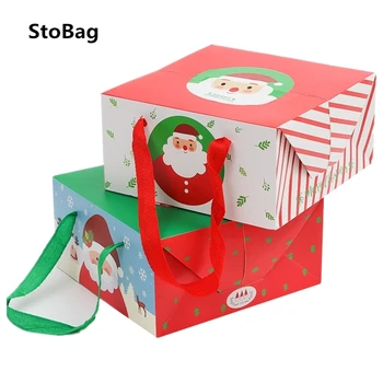 

StoBag 5pcs 21.5x21.5x10.7cm Christmas Cookies Candy Snack Pacaging Paper Handle Box Party Gift Supplies Favor With Stickers