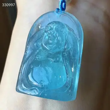 

Genuine Natural Blue Aquamarine Buddhism Pendant 40*28*11mm Brazil Women Jewelry 6.2mm Round Beads Necklace AAAAA