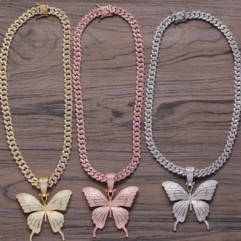 

ESHUO Iconic Butterfly Pendant 8mm Rose Gold Cuban Chain Cubic Charm Pink Chain Necklace Men Women Hip Hop Jewelry Gift