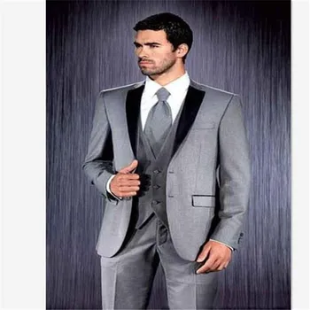 

Custom Made Groom Tuxedos Black Lapel Men Suit Light Gray Groomsman/Bridegroom mens Suits (Jacket+Pants+Vest)Terno masculino