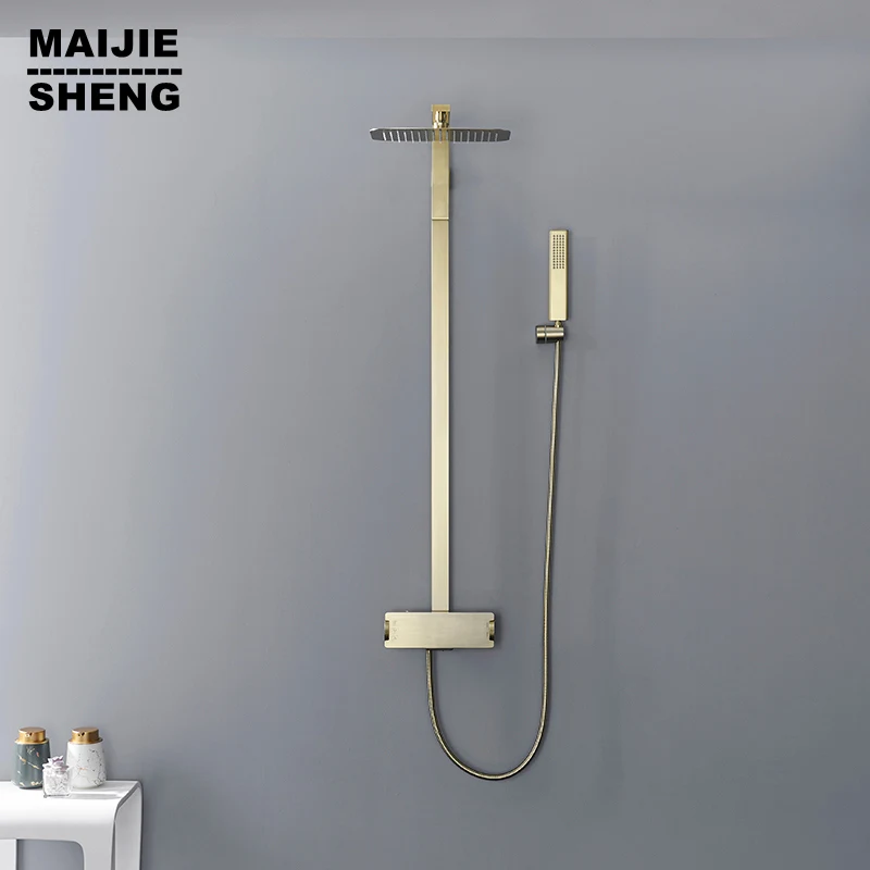 

Bath Bathroom Shower Set Solid Brass Brushed Gold Head Rianfall Luxury Combo Gray Faucet Hot And Cold Mixer Tap