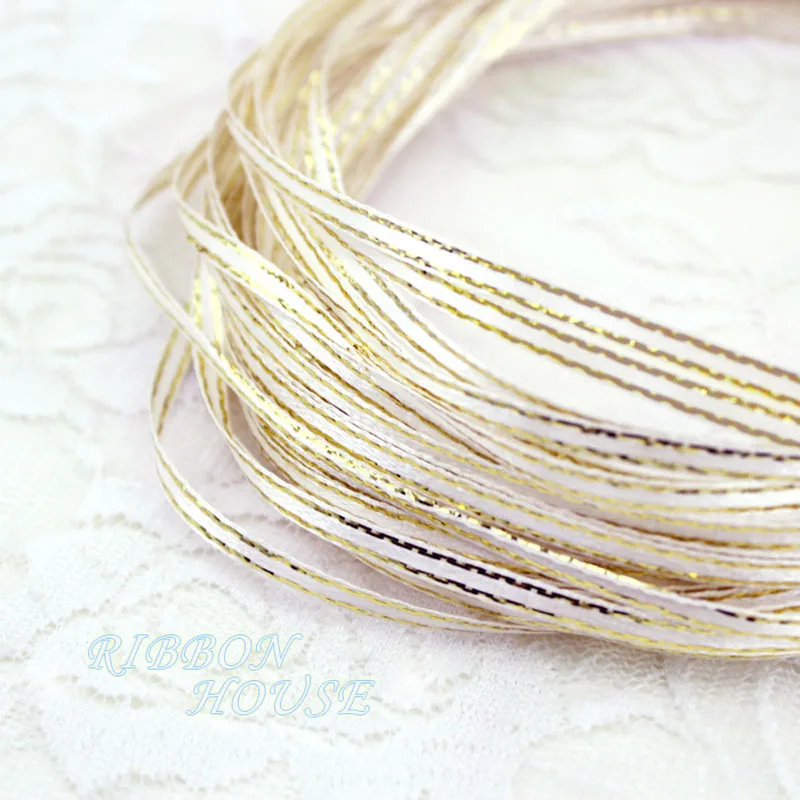 (40 meters/lot) 1/8'' (3mm) White Satin ribbon gold edge ribbon wholesale
