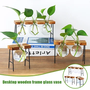 

Hydroponic Glass Planters Vases Transparent Mini Home Glass Plant Pots with Wooden Frame MYDING