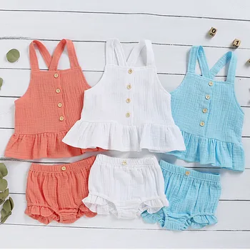 

2020 Baby Summer Clothing Newborn Kids Baby Boy Girl Clothes Cotton&Linen Tops+Shorts Pants Solid 2pcs Sleeveless Outfits Sets