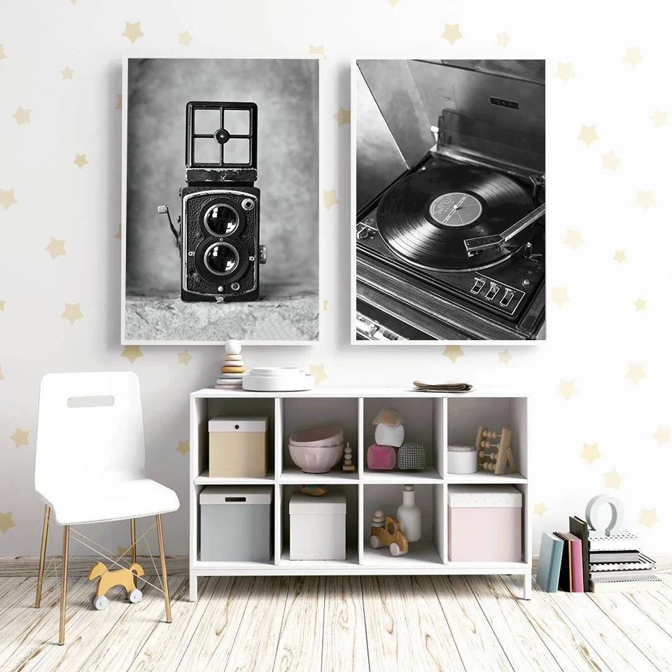 Decoracion ВИНТАЖНЫЙ ПЛАКАТ для камеры, домашний холст, черно-белый настенный арт, recordпроигрыватель, плакаты и принты, настенные картины для гостиной
