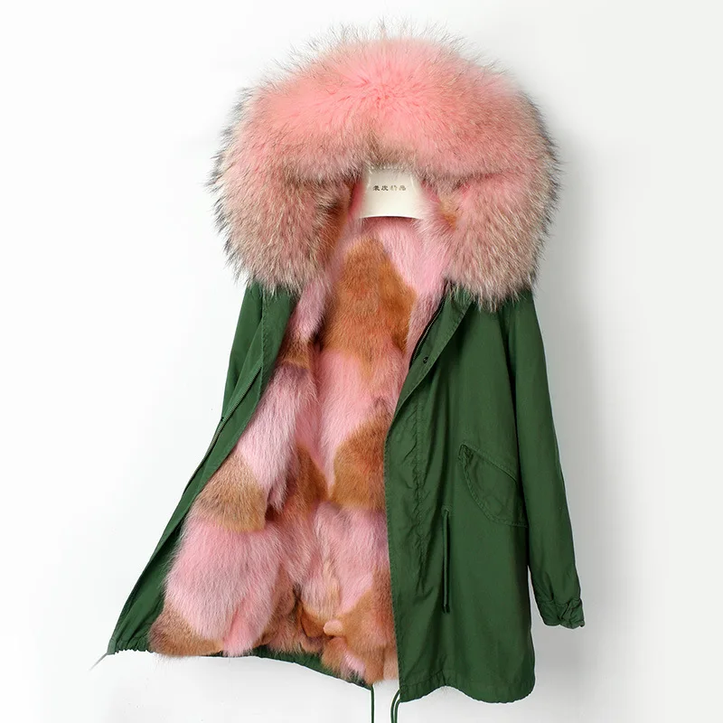 green pink OFTBUY зимнее пальто Женская куртка с натуральным мехом пальто натуральный волк Мех теплая парка Толстая теплая верхняя одежда водонепроницаемая ткань Роскошная Новинка - Цвет: green pink