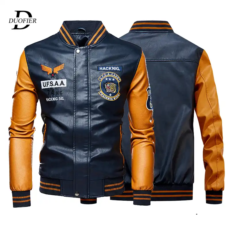 Chaquetas de cuero para hombre, chaqueta de béisbol tipo aviador, abrigo de  motociclista, piloto de imitación, universidad, forro polar, Top de cuero  negro, Slim Fit, motocicleta|Chaquetas| - AliExpress