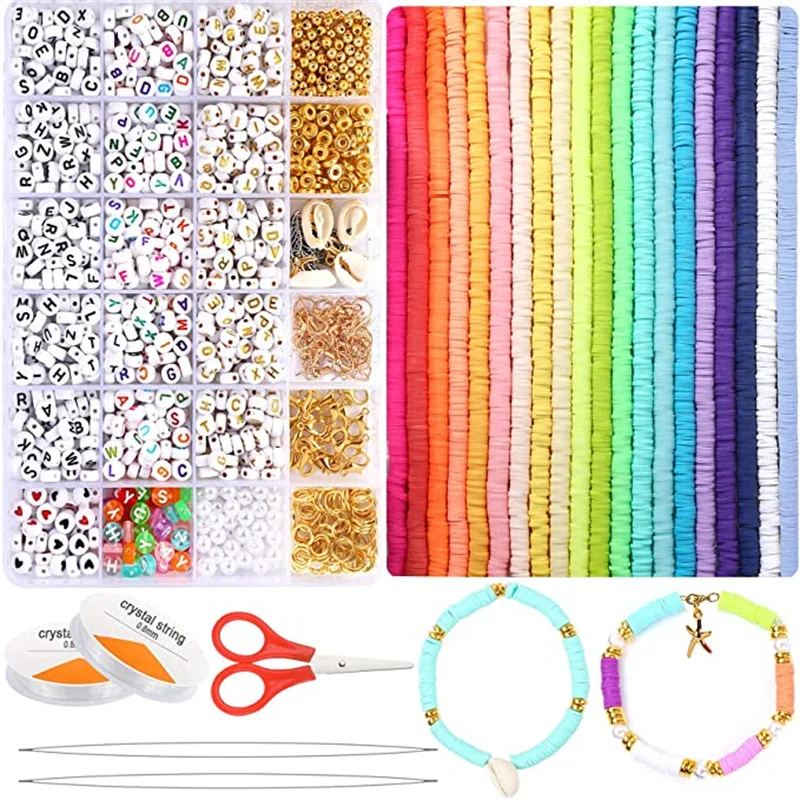 6mm Flat Round Polymer Clay Spacer Beads Kit Charms Lobster Clasp for Jewelry Making DIY Bracelets Earring Set Jewelry Findings