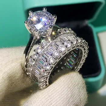 

2pcs Couple Rings Luxury Jewelry 925 Sterling Silver White Clear AAAAA Cubic Zircon Promise Women Wedding Bridal Ring Set Gift