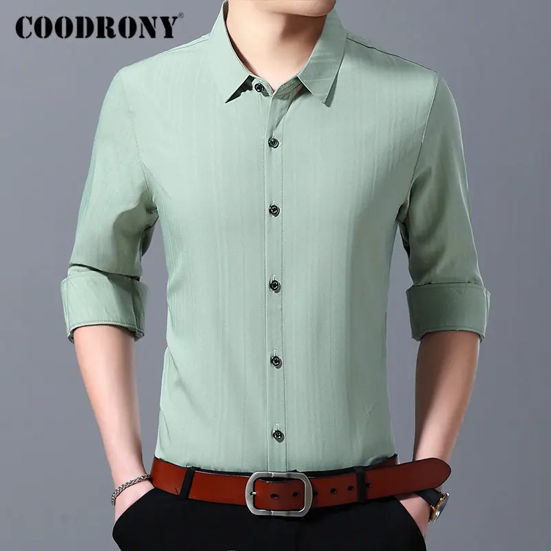 Зеленый Бренд COODRONY, мужская рубашка, чистый цвет, деловые повседневные рубашки, Осень-зима, с длинным рукавом, мужская рубашка размера плюс, Camisa Masculina 96087 - Цвет: Зеленый