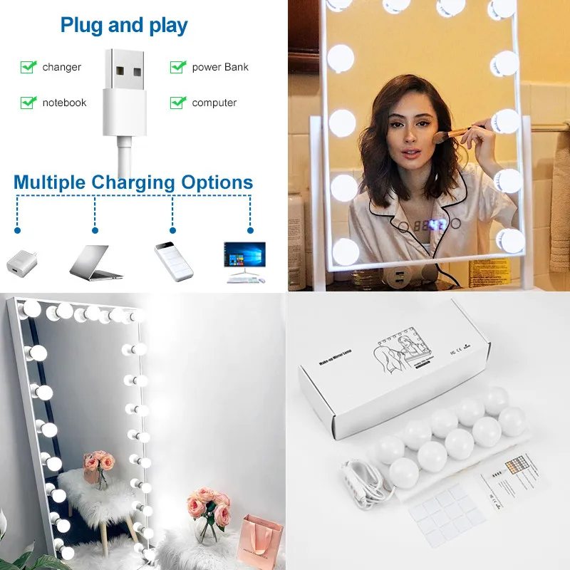 4/6/8/10/12/14pcs Makeup Mirror Light Set USB Dimmable Led Mirror Front Lamp for Bathroom Table Vanity Light Bulbs