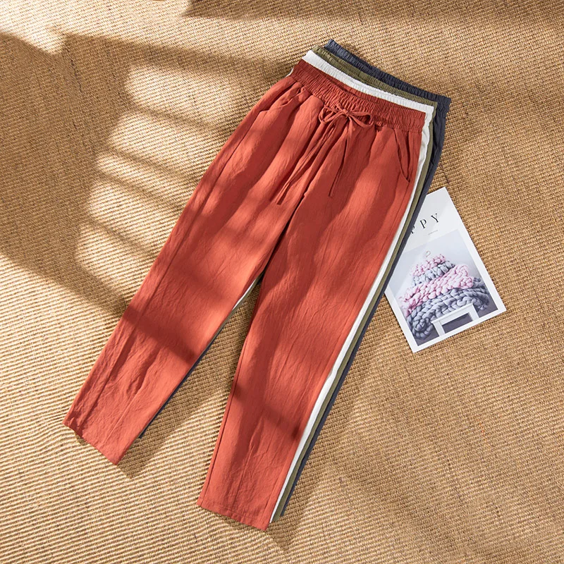 Mujer verano Harem pantalones Vintage de colores de caramelo de algodón pantalones de pierna ancha Lino liso elástico cintura tobillo longitud Pantalones