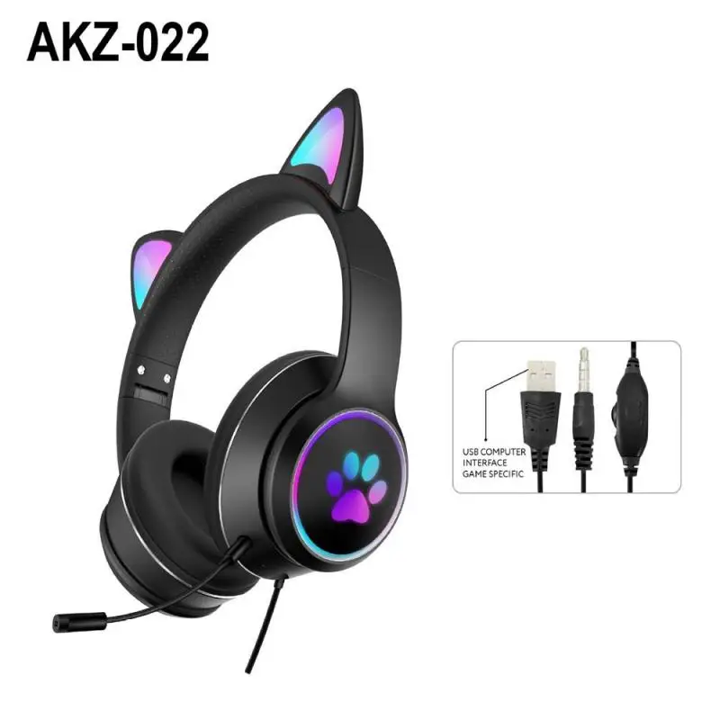 AKZ-022 Plug-in Headset Cute Cat Ear Decoration USB Single Hole 3.5mm Interface With Noise Reduction Microphone Gaming Headphone