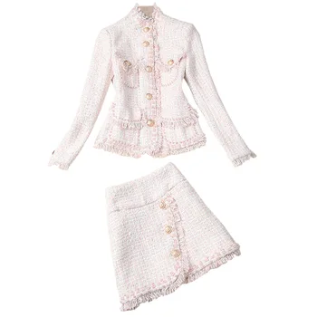 

Tweed Two-Piece Set Single-breasted Beaded Jacket + Tassel Mini Skirt Pink Elegant Temperament Chic Women Suit 2019 New