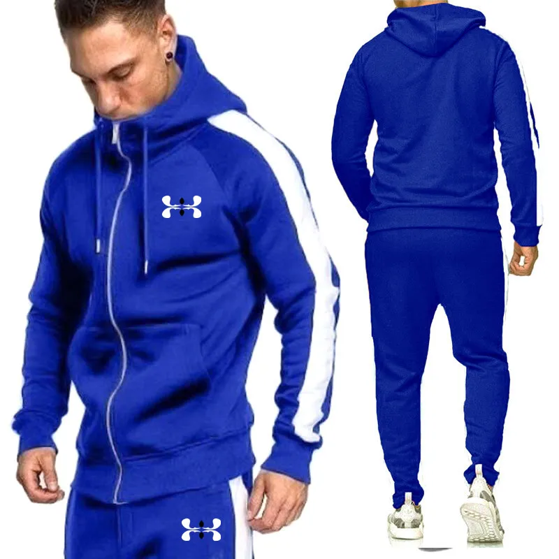 Брендовая мужская новая спортивная одежда с капюшоном из двух частей, осенняя и зимняя одежда для бега, бега, фитнеса, куртка на молнии с капюшоном, мужской костюм