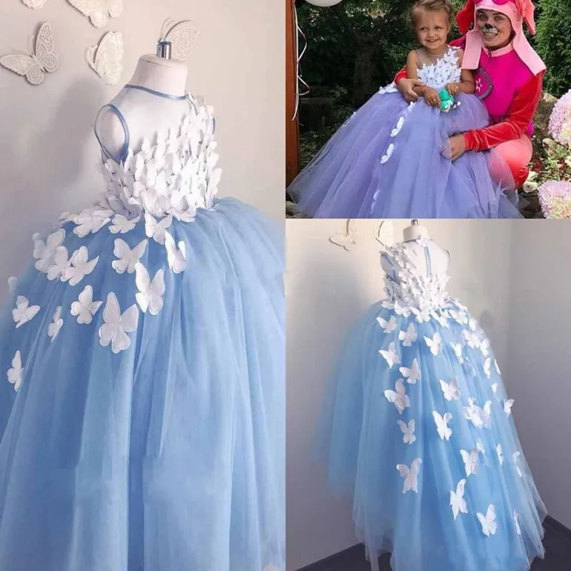 Lichtblauw Puffy Tulle Baby Meisje Verjaardagsfeestje Jurk met 3D Vlinders O Neck Kids Kinderen Kleding voor Kerst Lichtblauw Puffy Tulle Baby Meisje Verjaardagsfeestje Jurk met 3D Vlinders O Neck Kids Kinderen Kleding voor Kerst