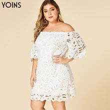 YOINS, весна-лето, женское, плюс размер, облегающее, белое, кружевное платье, с открытыми плечами, половина рукава, женское, элегантное, полое, мини-платье