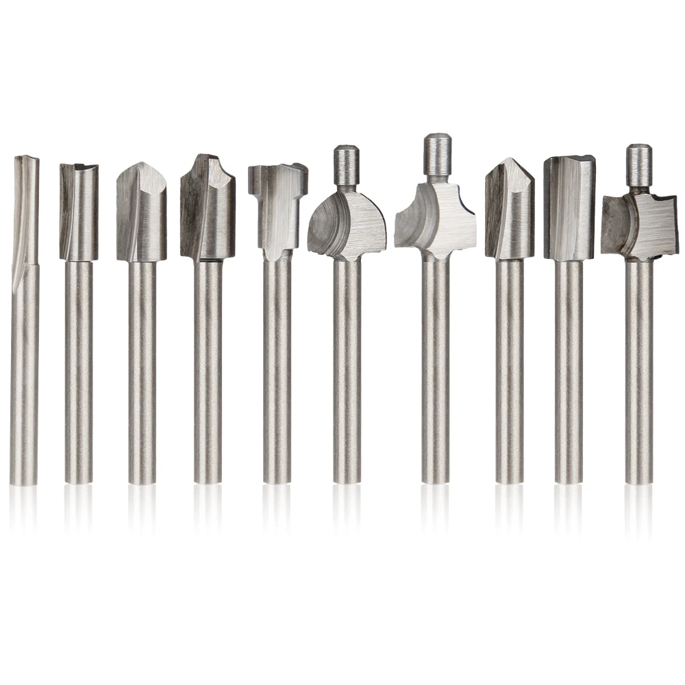 10pcs HSS Coated Woodworking Edge Cutters Trimmer Router Machine Bits Tool 1/8 Shank 10pcs HSS Coated Woodworking Edge Cutters Trimmer Router Machine Bits Tool 1/8 Shank
