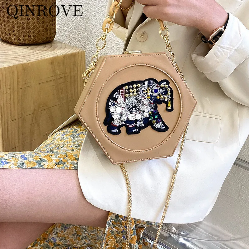 

Elephant-Pattern Shoulder & Crossbody Bag Women PU Leather Hexagonal Box Bag Female Chain-link Fashion Small Personality Handbag