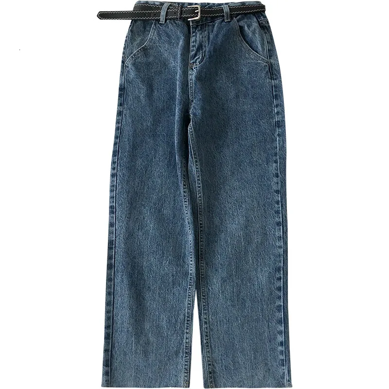 Winter Spring High Waist Jeans Women Straight Fashion Casual Loose Trousers With Belt Female Blue Korean Long Pant Bottoms