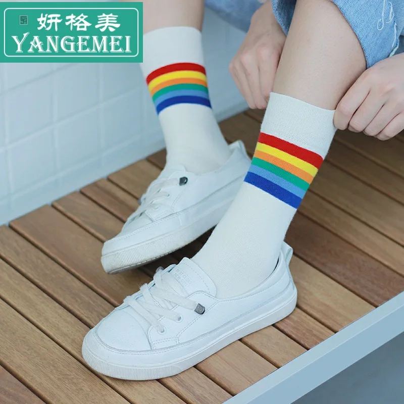 

. Socks Star People Summer Rainbow-colored Stripes Korean-style Long Socks Student Japanese-style INS Sports Crew Socks Socks