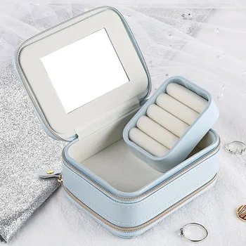

Ladies Portable Travel Jewelry Box Zipper Organizer Jewellery Ornaments PU Case Storage with Mirror