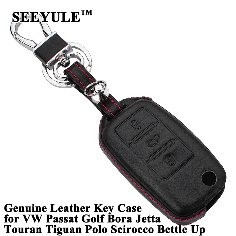 

1pc SEEYULE Top Genuine Leather Car Key Case Key Shell Cover Protector Accessories for VW Passat Golf Bora Jetta Bettle Up Polo