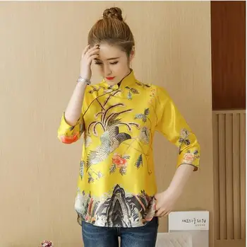 

2020 Traditional Chinese Women's Tang Suit Tops Spring Retro Printing Blouse Shirts Stand Collar Daily Cheongsam Yellow LJ729