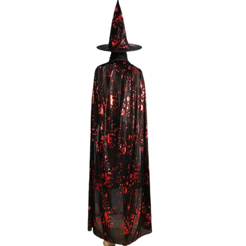 Карнавальный костюм на Хэллоуин для взрослых и детей, страшный Блестящий плащ с кровавым принтом руки и шляпой ведьмы, плащ-накидка «злой демон», карнавальный костюм, вечерние реквизиты - Цвет: BK-2