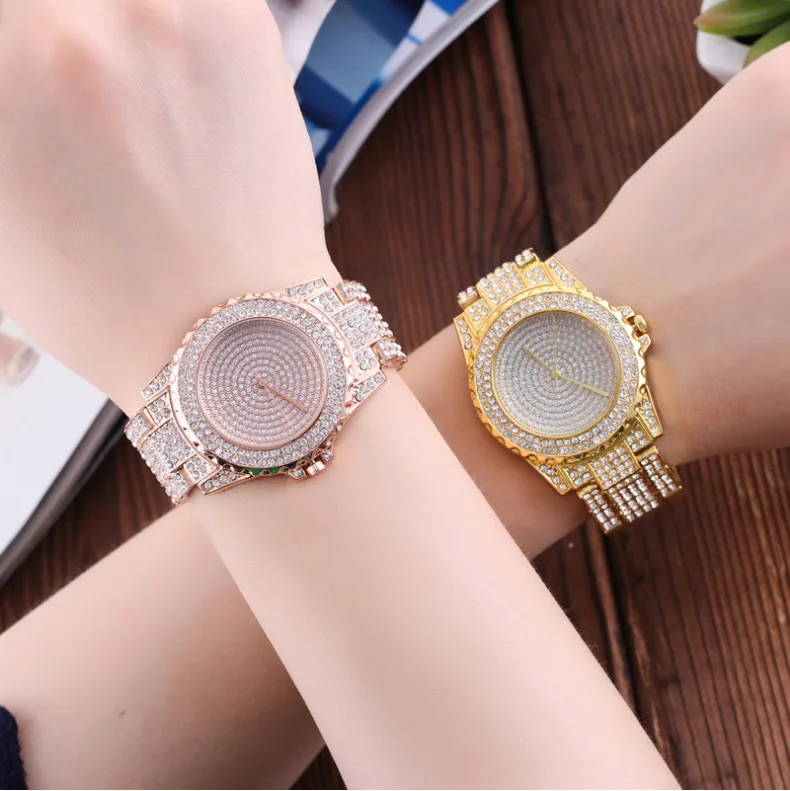 Модный, с украшениями в виде бриллиантов часы женские из нержавеющей стали Кварцевые наручные часы женские роскошные золотые часы Стразы Reloj Mujer