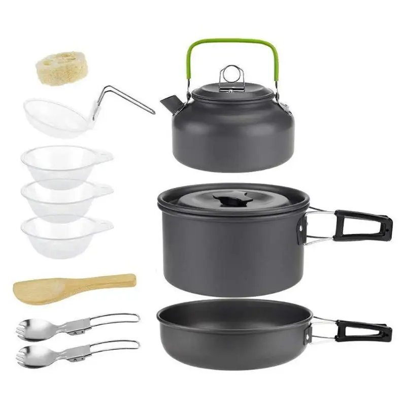 Outdoor Camping Hiking Cookware Tableware Picnic Cooking Pan Fry Pan Kettle Teapot Foldable Fork Spoon Kit Camping Picnic Tools - Цвет: Черный