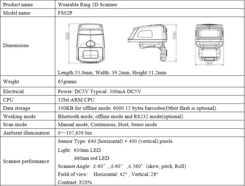 2D кольцевой Bluetooth сканер FS02P для Android и IOS и Windows системы с зарядной базой