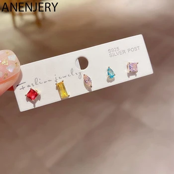 

ANENJERY 6Pcs/Set Earrings Mini Fashion Color Zircon Stud Earrings Set for Women Geometric Shape Crystal Ear Jewelry S-E1294