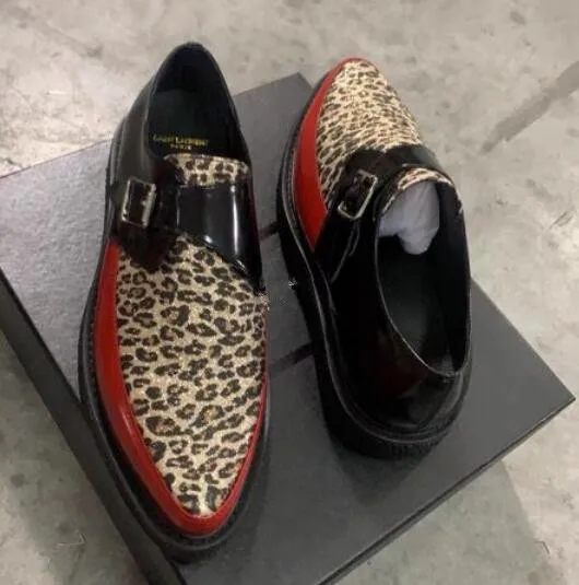 

Luxury brand Design Real Leather leopard patchwork men Fashion casual shoes big Buckle shiny leather shoes men male shoes