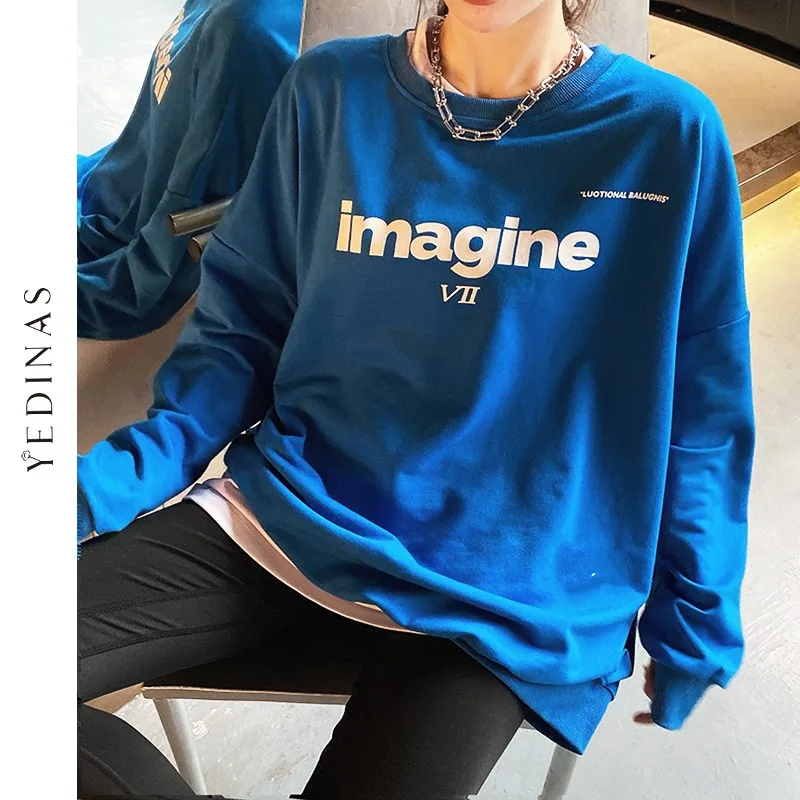 

Yedinas 2020 Women Fashion Long Sleeve Sweatshirt Loose Harajuku Pullover Overside Outerwear Korean Style Hoodies Hip Hop Tops