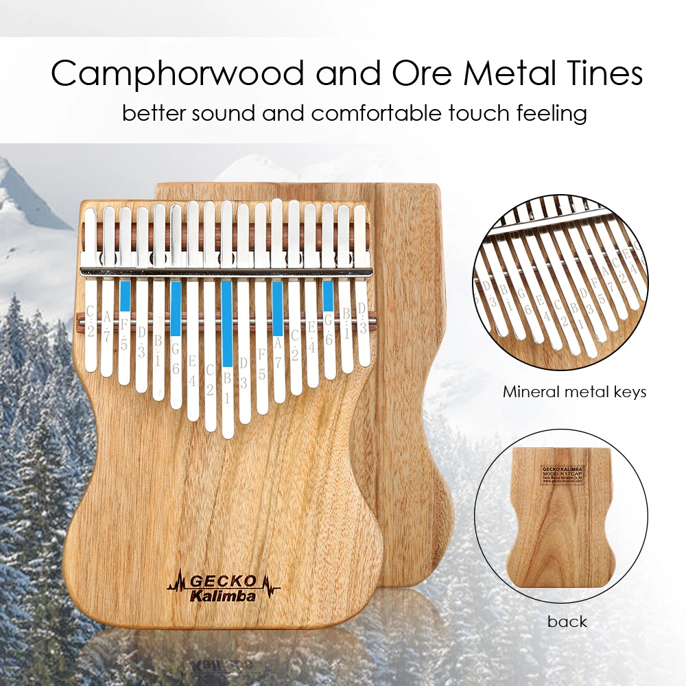 B Tone GECKO Kalimba 17 Keys Full veneer Camphor wood,with Instruction and Tune Hammer, Portable Thumb Piano Mbira Sanza  K17cap