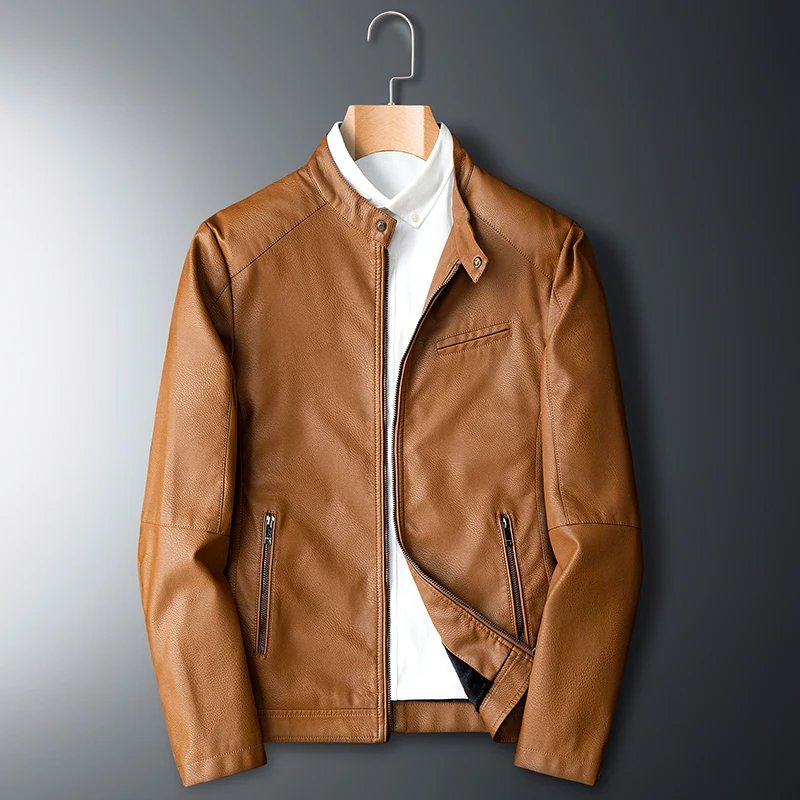Casual Slim Fit Male Leather Jacket Fashion Stand Collar Zipper Men Faux Leather Jacket Solid Male Long Sleeve Male Leather Coat