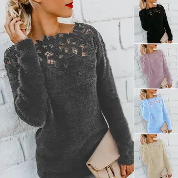 

Women Solid Color Long Sleeve O Neck Floral Lace Pullover Plus Size Sweater Soft Warm Sweater pull femme nouveaute 2019