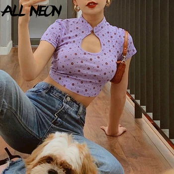

ALLNeon E-girl Summer Hollow Out Front Floral Cropped Tops Y2K Vintage O-neck Short Sleeve Flowers Purple T-shirts Streetwear