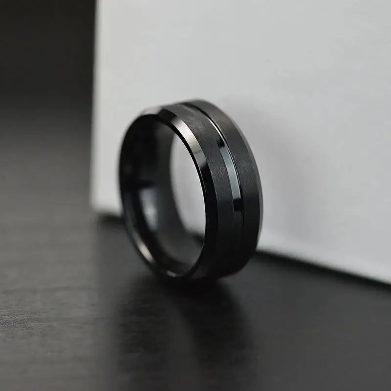 Wedding Rings Fashion 8mm Men's Black Tungsten Wedding Band Rings Black Groove Beveled Edge Engagement Ring Men&rsquo;s Valentine Gift