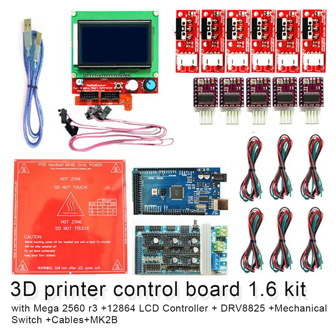 Детали 3D-принтера плата управления 1,6 комплект с МЕГА 2560 r3+ 12864 lcd Контролер+ DRV8825+ механический переключатель+ кабели+ MK2B