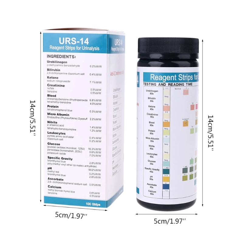 URS-14 100strips Urinalysis Reagent Test Paper 14 Parameters Urine Test Strips Leukocytes, Nitrite, Urobilinogen, Protein, pH