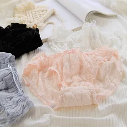 Cream Bubble Girl's Knicker Frilled Sheath Puff Hollow Out Lace Medium Waist Pure Cotton Breathable Crotch